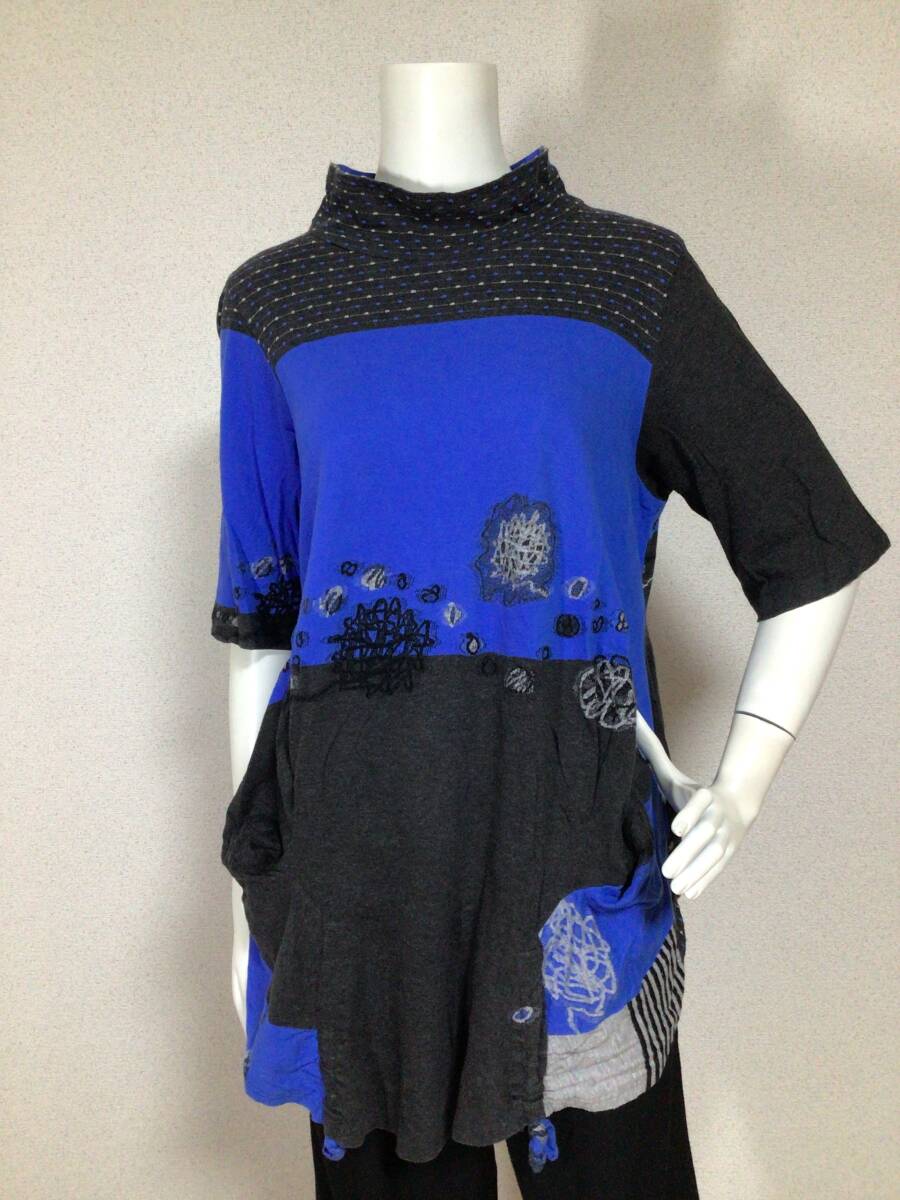 M3120／センソユニコ　慈雨　デザイン刺繍カットソー／40／ブルー_画像1