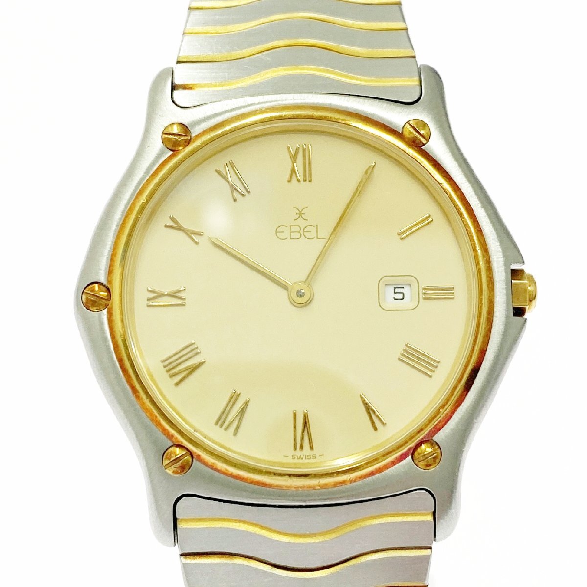 【1円スタート】EBEL エベル 184903 クラシック ウェーブ デイト GP×SS クオーツ メンズ腕時計 ジャンク 516734_画像1