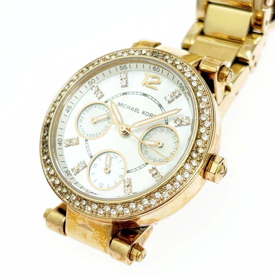 【1円スタート】【箱付き・訳あり品】MICHAEL KORS マイケルコース MK-5616 ストーンベゼル GP×SS シェル文字盤 QZ ボーイズ腕時計 510888_画像2