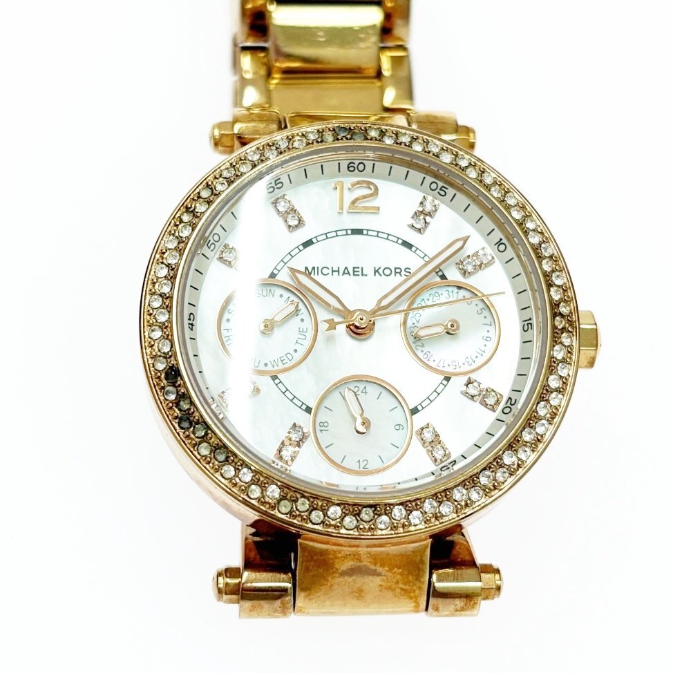 【1円スタート】【箱付き・訳あり品】MICHAEL KORS マイケルコース MK-5616 ストーンベゼル GP×SS シェル文字盤 QZ ボーイズ腕時計 510888_画像1