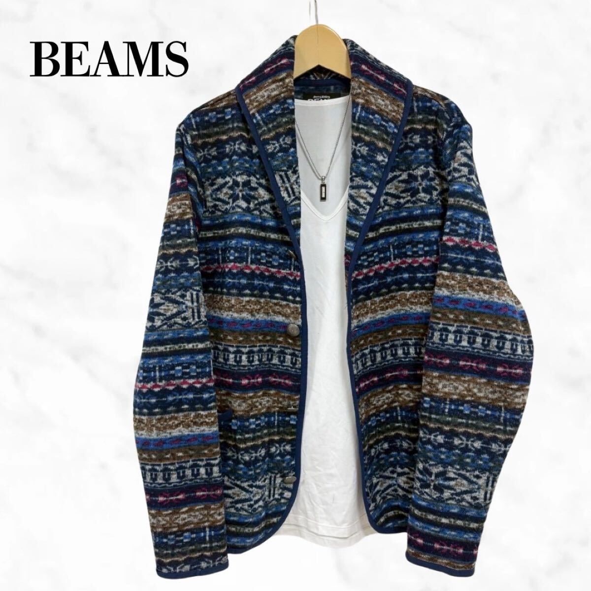 BEAMS 総柄ジャケット　ショールカラーカーディガン　ノルディック柄ジャケット_画像1