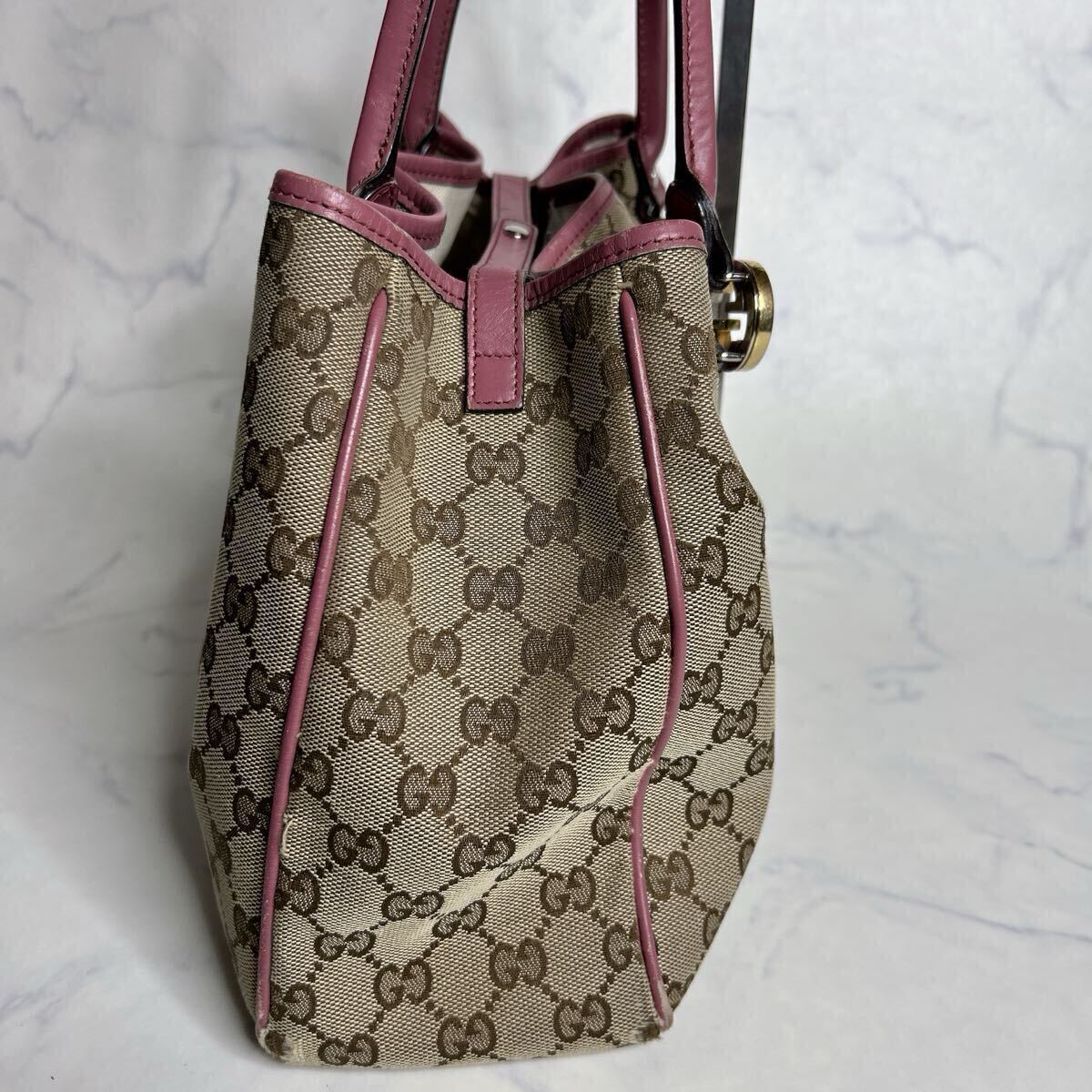 1円スタート 【レア】GUCCI グッチ GG ツインズ レザー キャンバス トート バッグ 肩掛け ショルダー 232957 ベージュ レディース _画像2