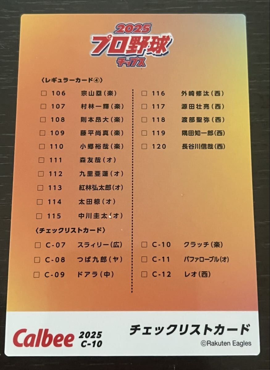 同梱可能☆カルビー プロ野球チップス☆2025年 東北楽天ゴールデンイーグルス クラッチ裏面チェックリストカード_画像2