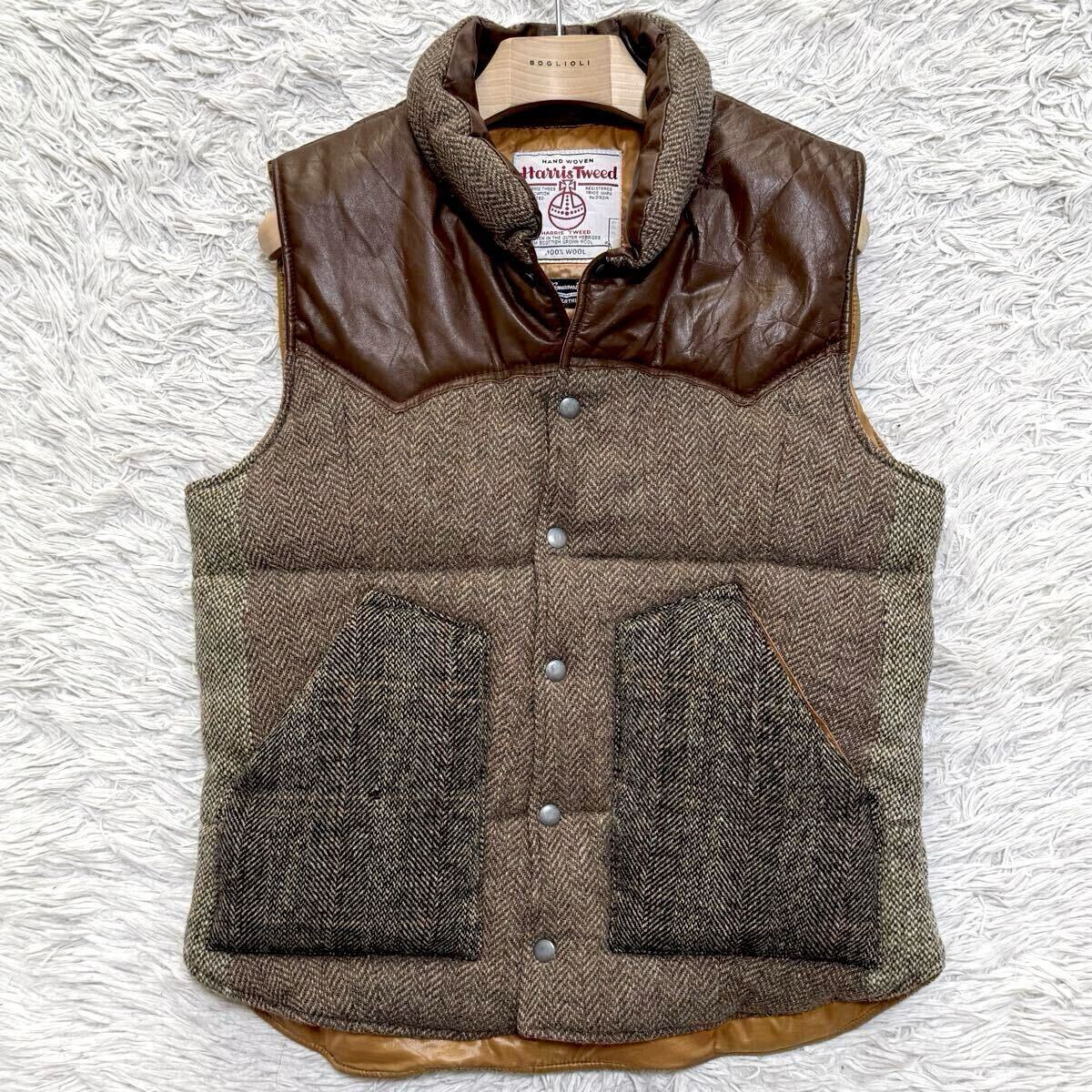  редкий L 90s vintage Британия производства Harris твид мясо толщина "в елочку" кожа yoke переключатель жилет Harris Tweed Brown Vintage высшее .