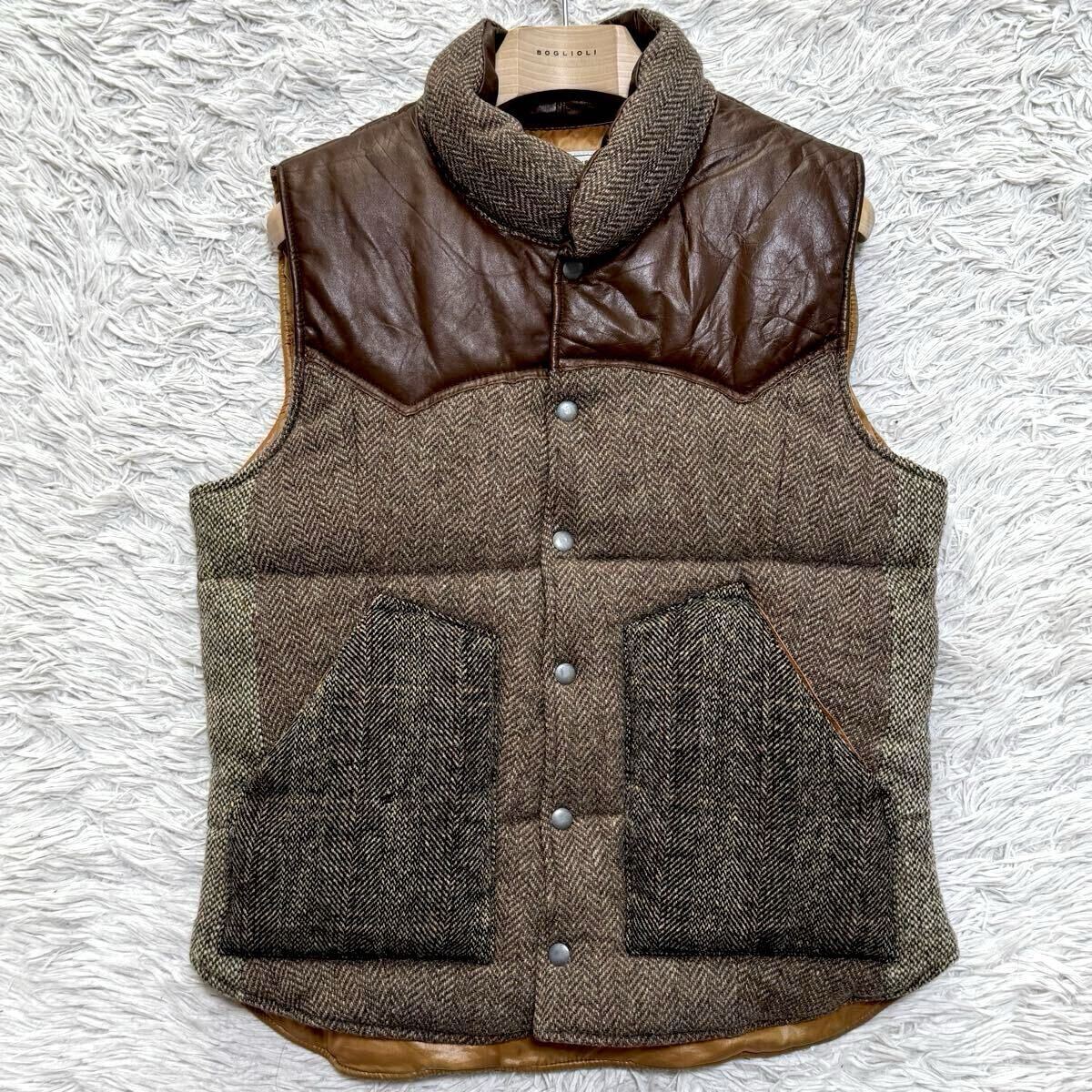  редкий L 90s vintage Британия производства Harris твид мясо толщина "в елочку" кожа yoke переключатель жилет Harris Tweed Brown Vintage высшее .