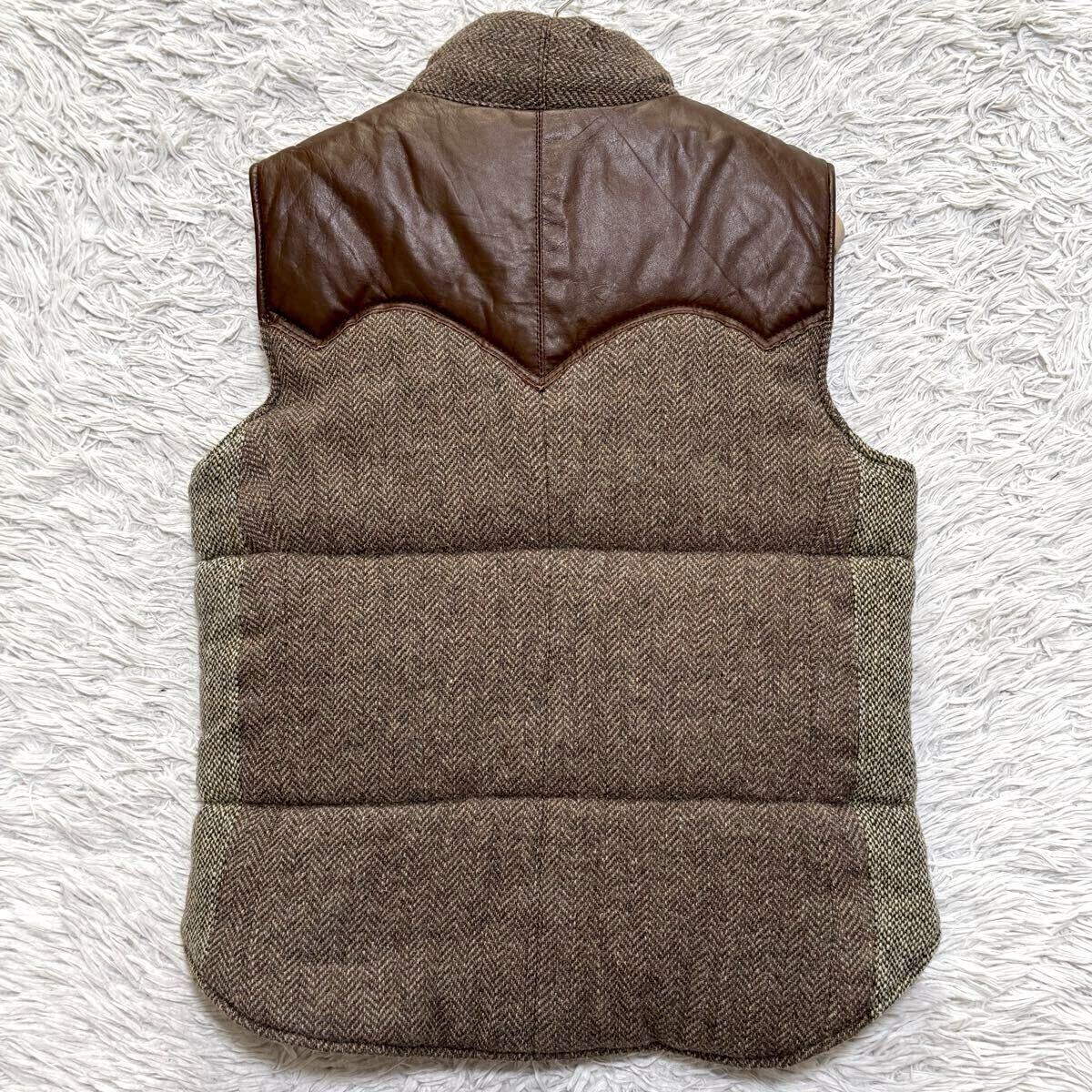  редкий L 90s vintage Британия производства Harris твид мясо толщина "в елочку" кожа yoke переключатель жилет Harris Tweed Brown Vintage высшее .