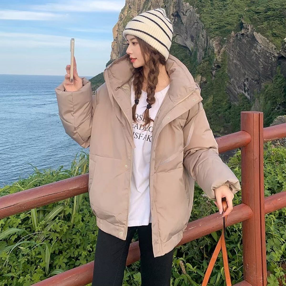 Lサイズ 中綿 ダウンジャケット アウター レディース フード付き カーキ 【498】暖かい コート 秋冬 軽い_画像1