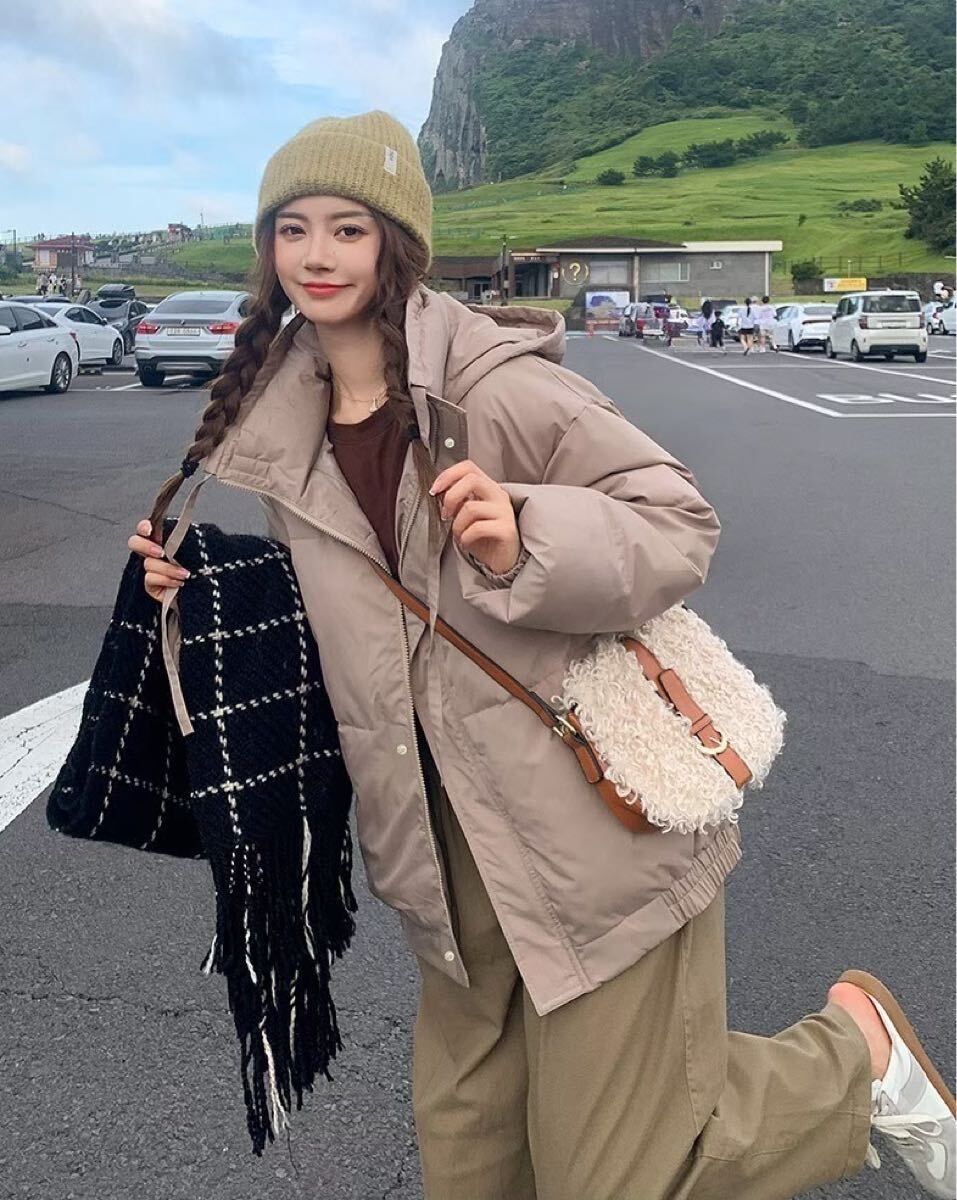 Lサイズ 中綿 ダウンジャケット アウター レディース フード付き カーキ 【498】暖かい コート 秋冬 軽い_画像3