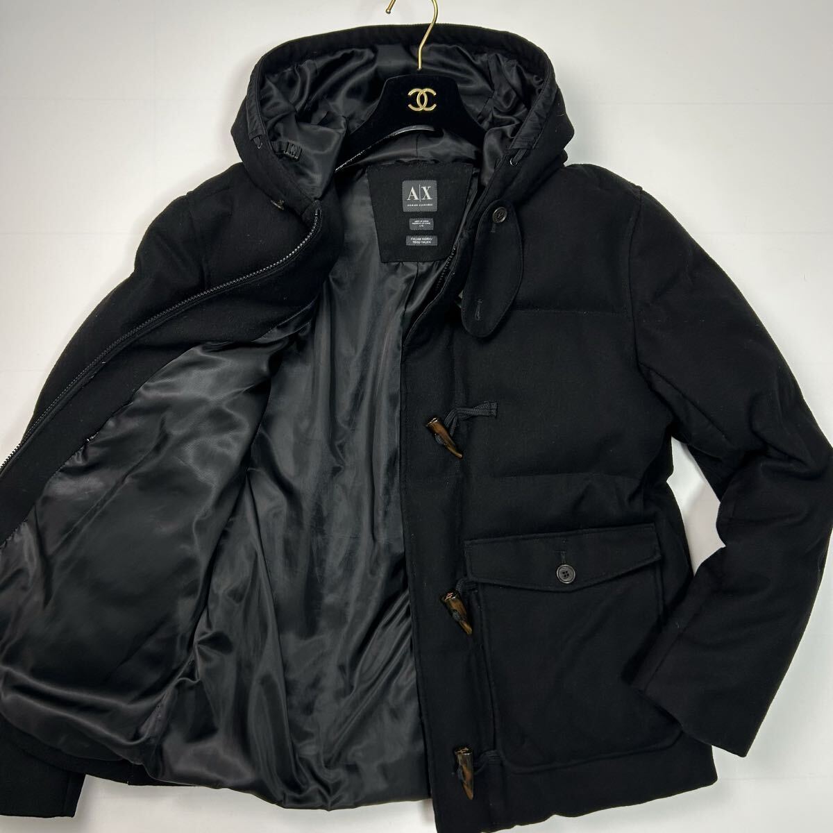 美品★ Lサイズ ARMANI EXCHANGE アルマーニエクスチェンジ ダウンジャケット ダウンコート ダッフルコート 羊毛 ブラック 黒 アウター_画像1