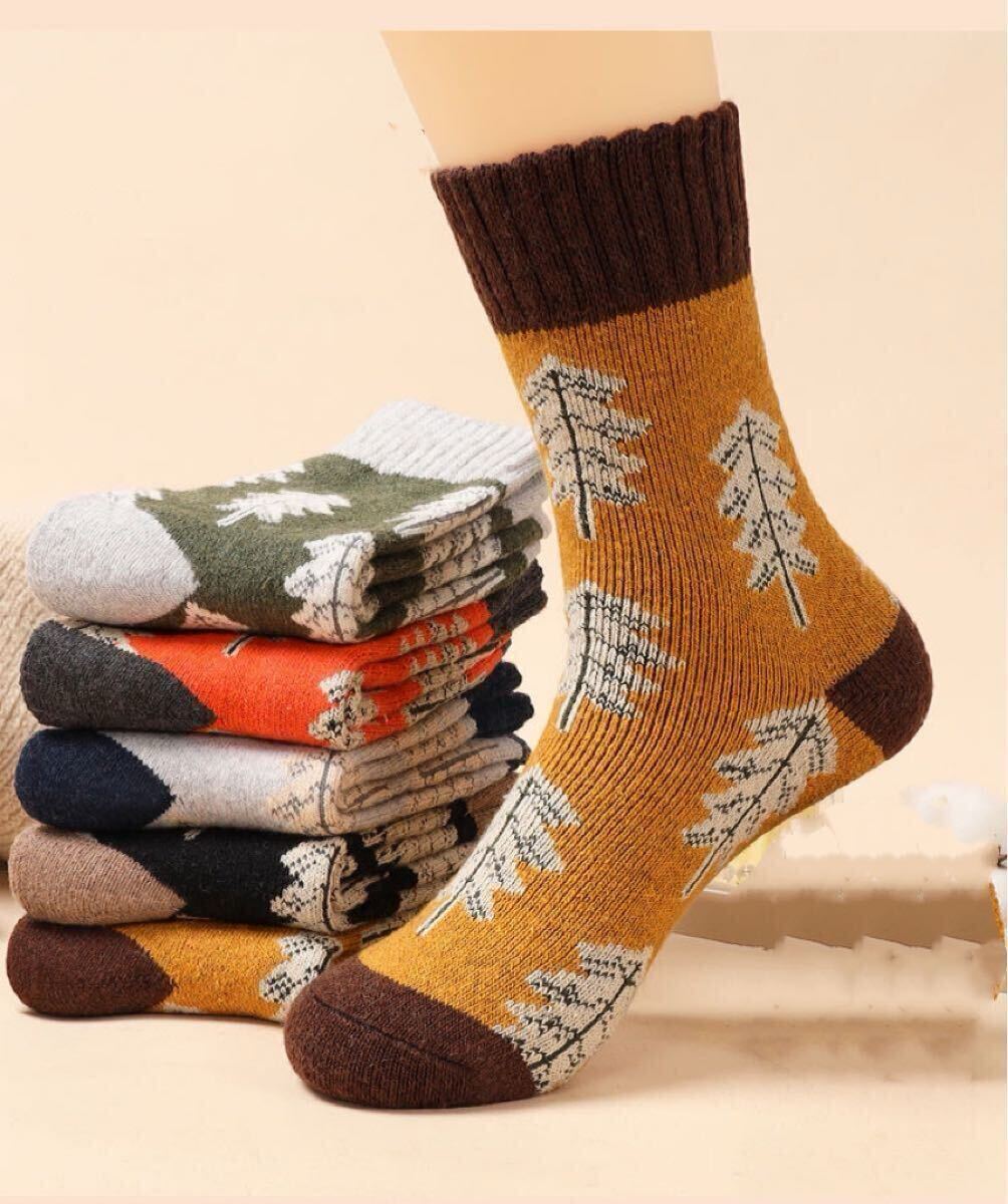 北歐柄　ツリー柄　暖かく保温　極厚　レディースソックス5足セット　裏パイルクルー丈　山ガール暖かい　ウール混　女性靴下　まとめ売り_画像6