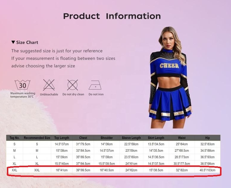 特大2XLサイズ ブルー チアリーダーダンスウェア長袖TOPS/BOXSPANTスカートSET 光沢 つるつる コスプレ ステージ衣装 IEFIEL社製_画像9