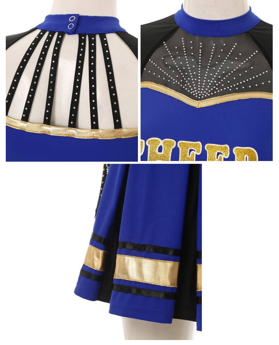 特大2XLサイズ ブルー チアリーダーダンスウェア長袖TOPS/BOXSPANTスカートSET 光沢 つるつる コスプレ ステージ衣装 IEFIEL社製_画像7