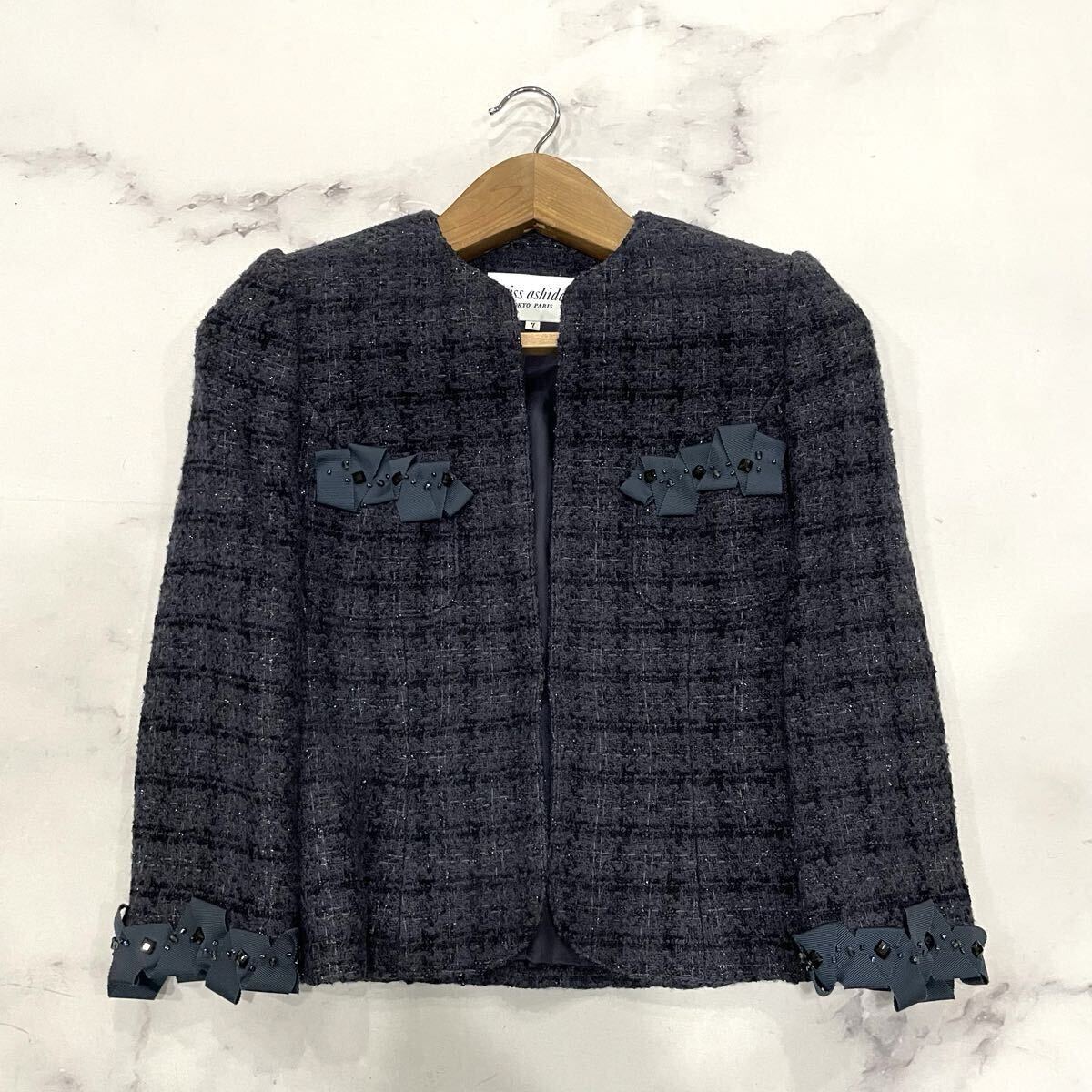 AT ○ 洗練されたデザイン '日本製' miss ashida ミスアシダ ウール混 ノーカラージャケット size:7 レディース アウター 婦人服 ネイビー_画像1