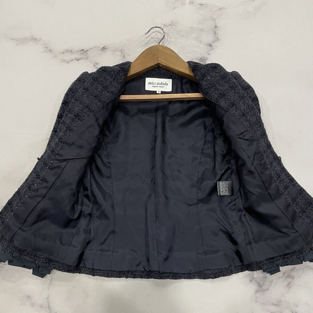 AT ○ 洗練されたデザイン '日本製' miss ashida ミスアシダ ウール混 ノーカラージャケット size:7 レディース アウター 婦人服 ネイビー_画像5