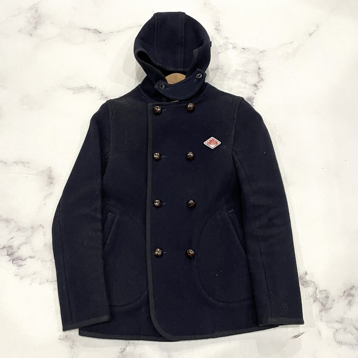 AM ○ 都会のカジュアルウェア '日本製' DANTON ダントン ウール混 ダブルブレスト ジャケット フーディ 36 レディース アウター ネイビー_画像1