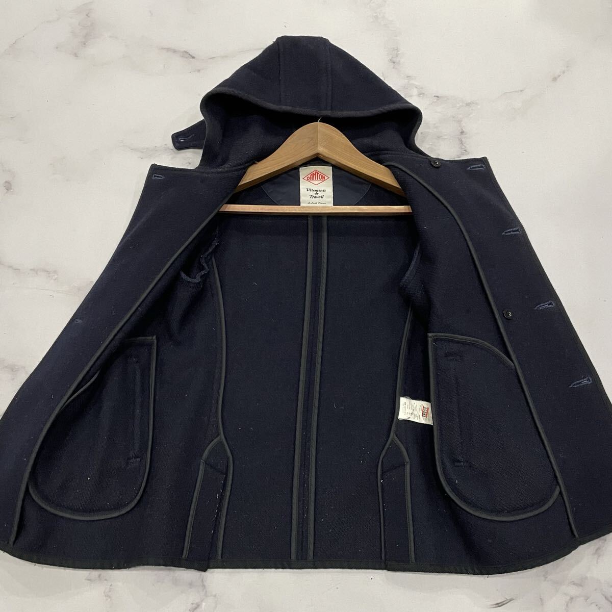 AM ○ 都会のカジュアルウェア '日本製' DANTON ダントン ウール混 ダブルブレスト ジャケット フーディ 36 レディース アウター ネイビー_画像6