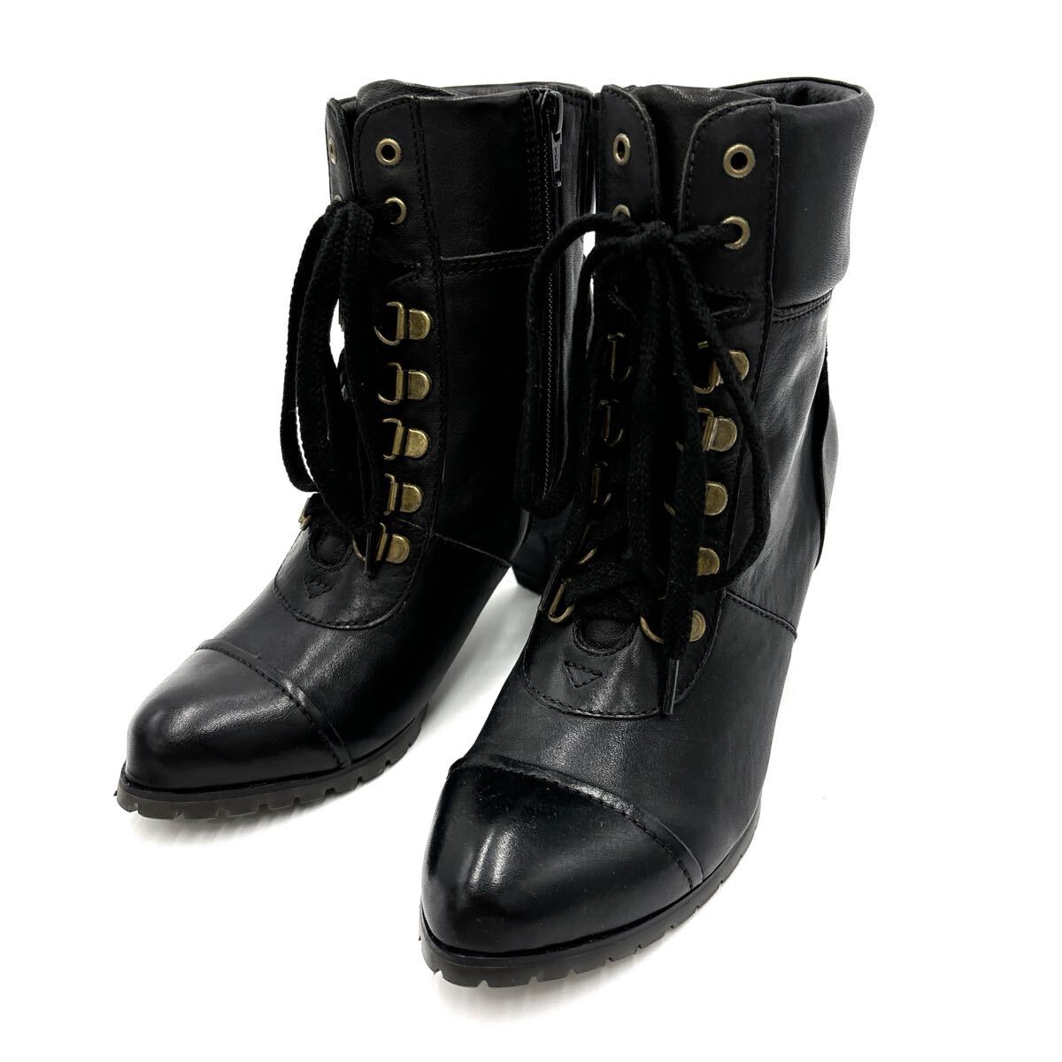 F ＊ 人気モデル '洗練されたシルエット' ing イング 本革 レースアップ / ショート ヒール ブーツ 革靴 23cm EE レディース シューズ_画像1