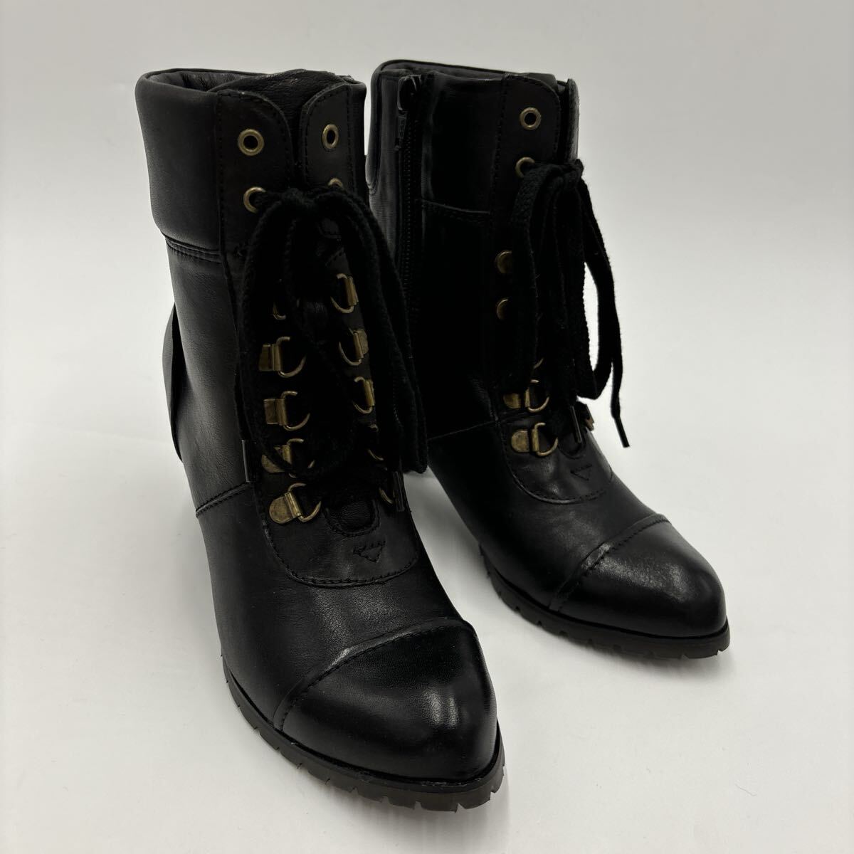 F ＊ 人気モデル '洗練されたシルエット' ing イング 本革 レースアップ / ショート ヒール ブーツ 革靴 23cm EE レディース シューズ_画像2