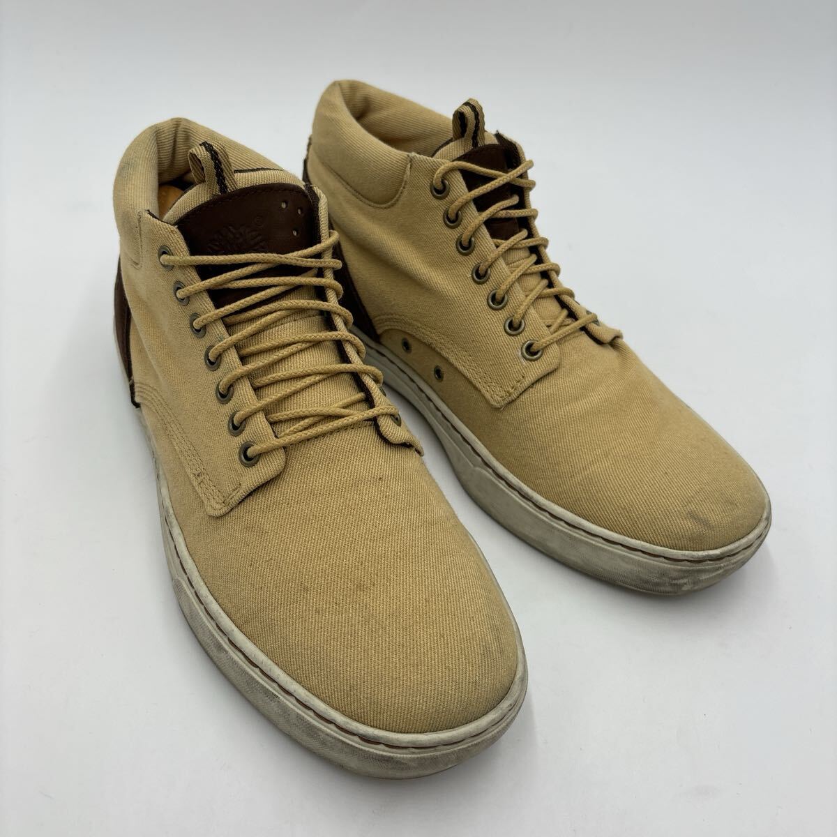 A ＊ 履き心地抜群 '人気モデル' Timberland ティンバーランド 本革 × キャンバス地 ミドルカット スニーカー 8.5M 26.5cm メンズ _画像2