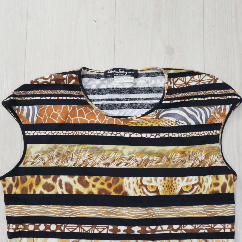 Salvatore Ferragamo サルヴァトーレフェラガモ アニマル柄 コットン ノースリーブ カットソー トップス ブラウン M09-k047_画像2