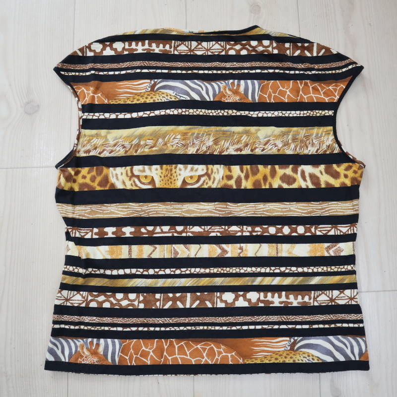 Salvatore Ferragamo サルヴァトーレフェラガモ アニマル柄 コットン ノースリーブ カットソー トップス ブラウン M09-k047_画像4