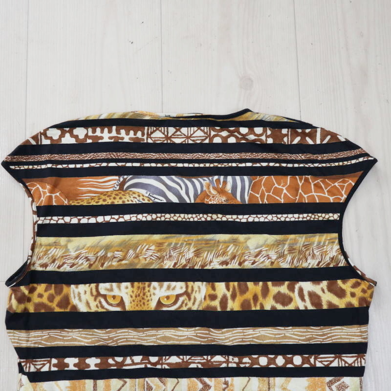 Salvatore Ferragamo サルヴァトーレフェラガモ アニマル柄 コットン ノースリーブ カットソー トップス ブラウン M09-k047_画像5