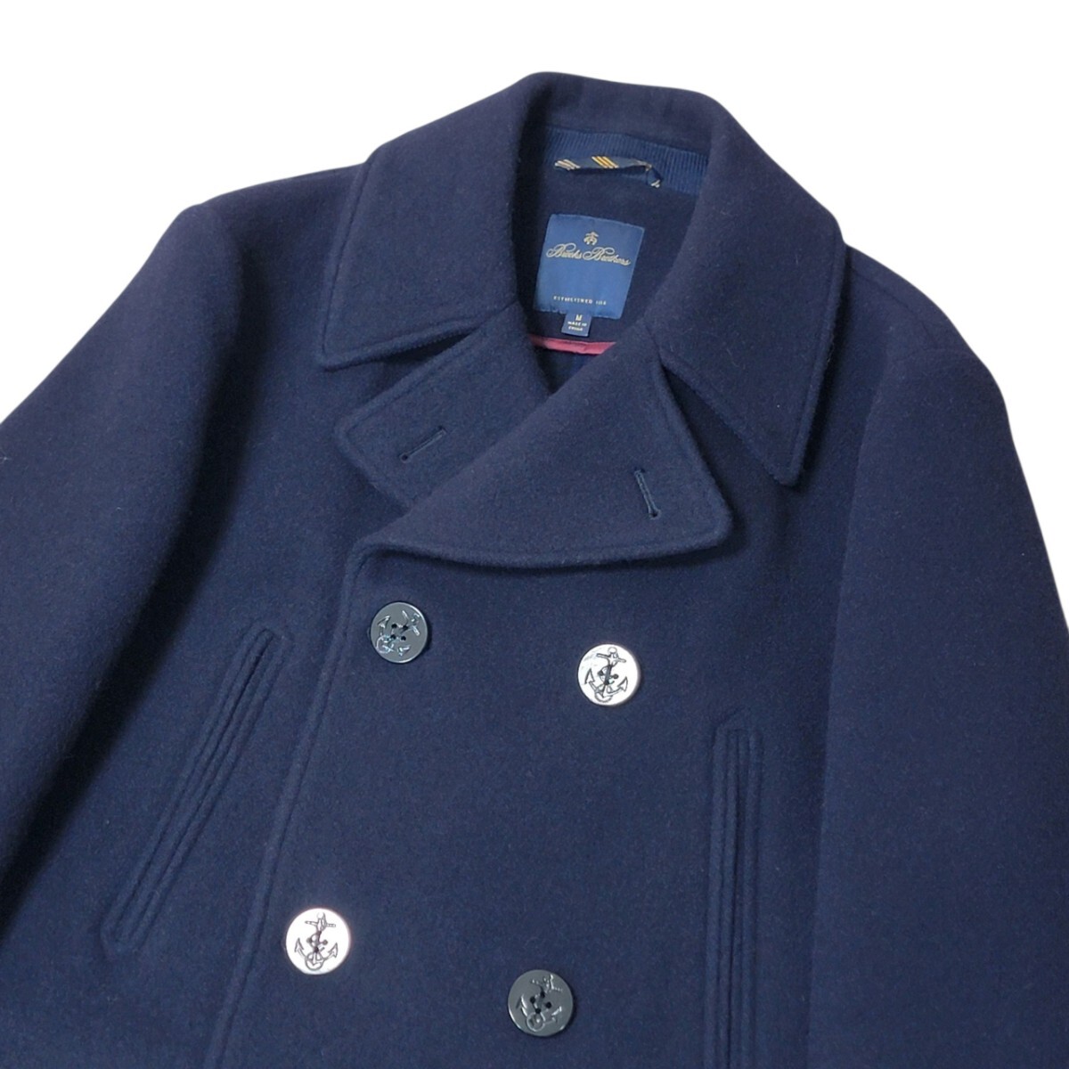 ほぼ未使用 定価約8,6万 筆記ロゴ 22AW ブルックスブラザーズ BROOKS BROTHERS ダブルフェイス ピーコート M 日本L 紺 Pコート 裏チェック_画像3