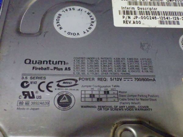 Y423# 動作未確認 QUANTUM Part QNP60000AS-A FIREBALL Plus As 60GB 3.5インチHDD IDE_画像2
