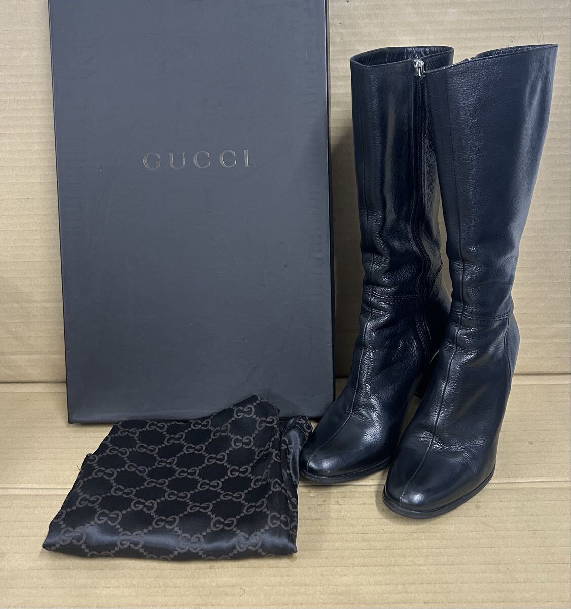1円スタート グッチ GUCCI ロングブーツ インターロッキングG ロゴ 靴 レザー 黒 37 1/2 CJ 115053 【1122A22】_画像1