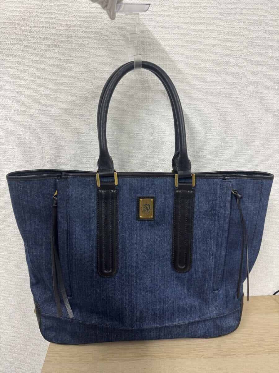 DIESEL ディーゼル トートバッグ デニム インディゴブルー ネイビー レザー×デニム 肩掛け 大容量 【1122A19】_画像1