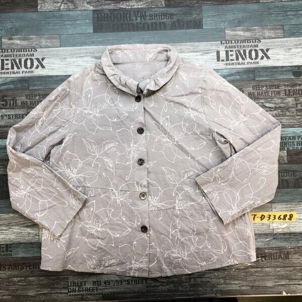 TANPPOPPO レディース 襟ワイヤー ボタニカルプリント 薄手 ジャケット グレー白_画像1