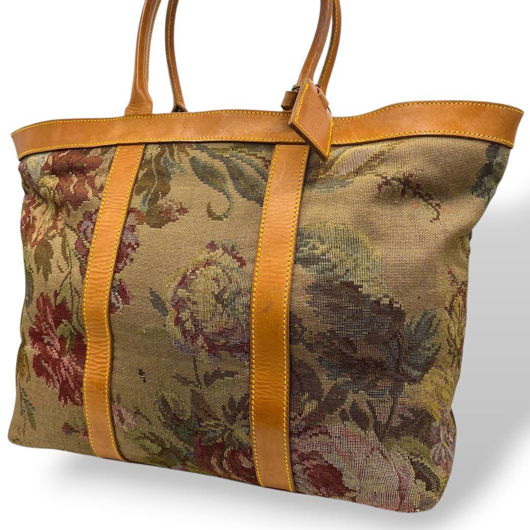 RALPH LAUREN ラルフローレン A4 大容量 ボストンバッグ レザー 花柄 441_画像1