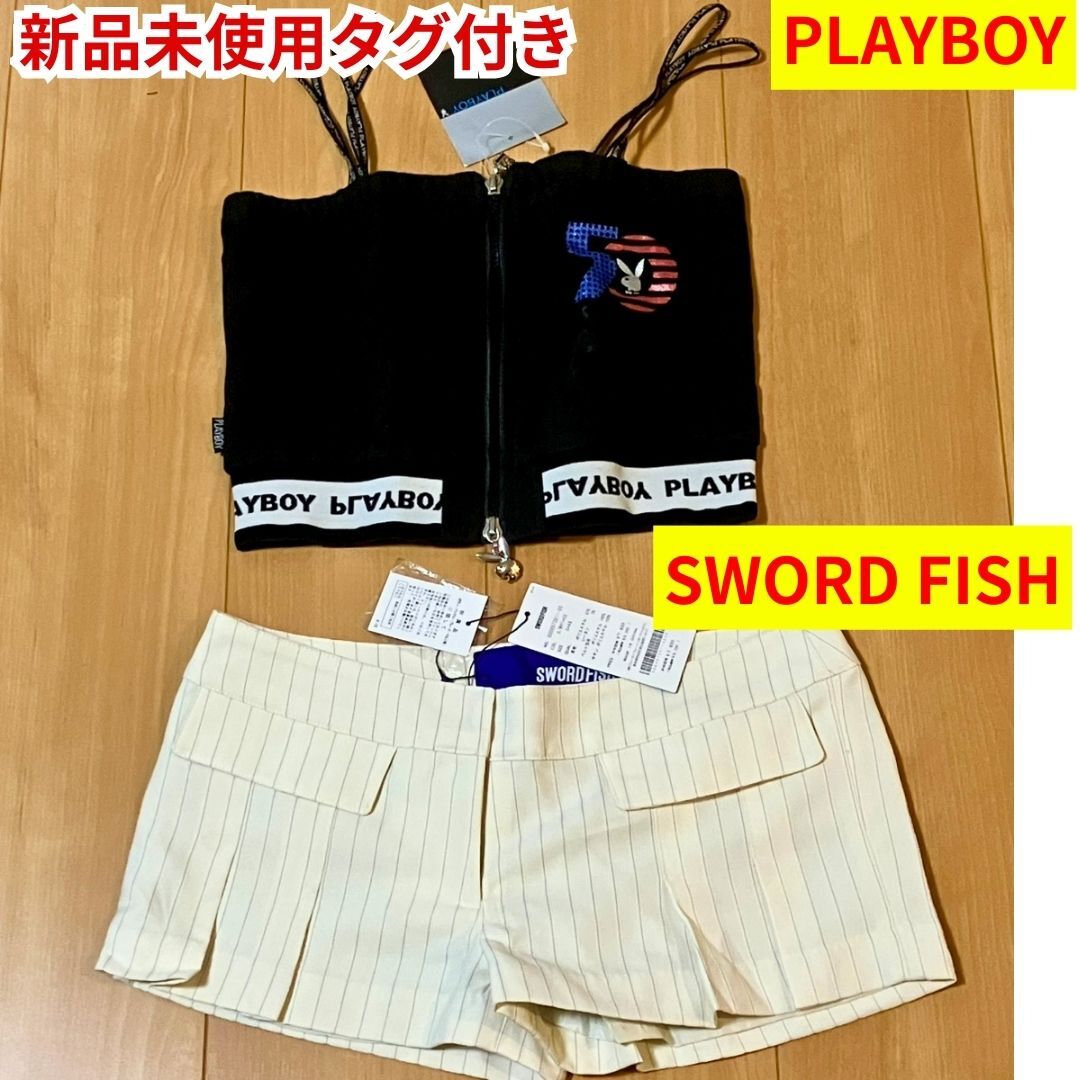 【PLAYBOY】プレイボーイ　ベアトップ　へそ出し　【SWORD FISH】ソードフィッシュ　ショートパンツ　ミニスカート風　平成ギャル　y2k_画像1