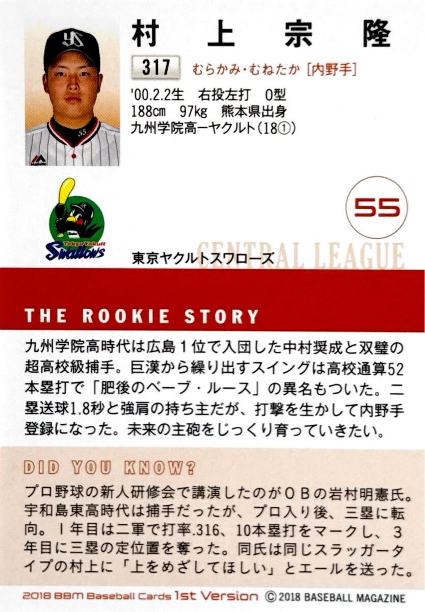 マグホ発送!! BBM 2018 1stバージョン 東京ヤクルト 村上宗隆 ルーキーカード RC スワローズ_画像2