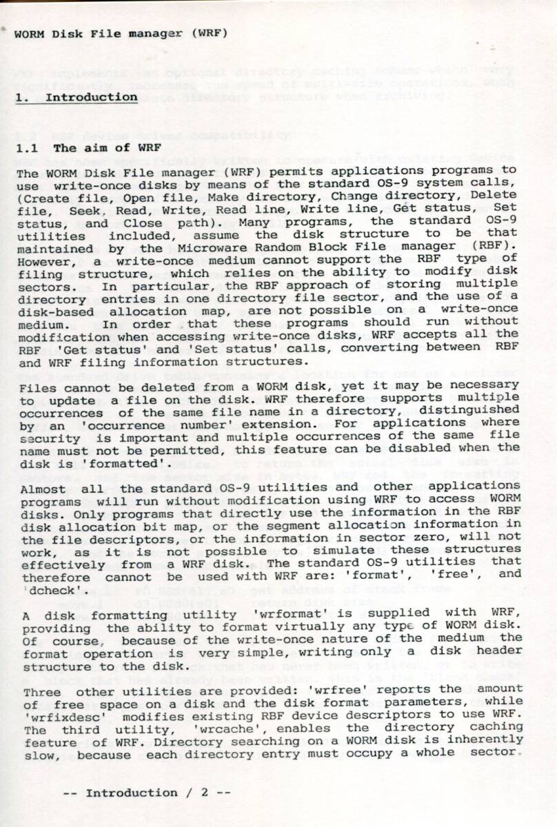 ■【Microware OS-9】WRF (WORM Disk File Manager)Rev.1.1 Manual (89/09/24)英文（Galactic Industrial）_画像2