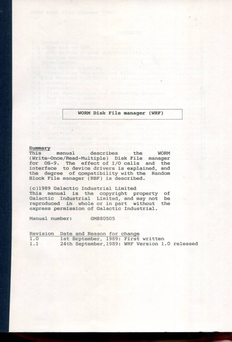 ■【Microware OS-9】WRF (WORM Disk File Manager)Rev.1.1 Manual (89/09/24)英文（Galactic Industrial）_画像1
