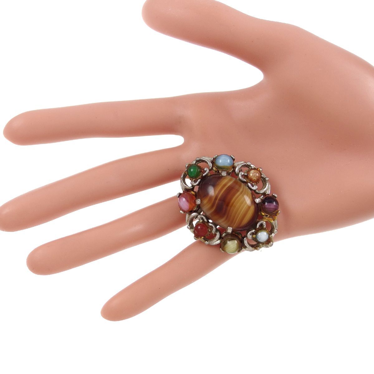 UK4339◆ マルチカラー マーブルストーン カボション フラワー 色石 英国 イギリス ◆ ヴィンテージブローチ ◆_画像5