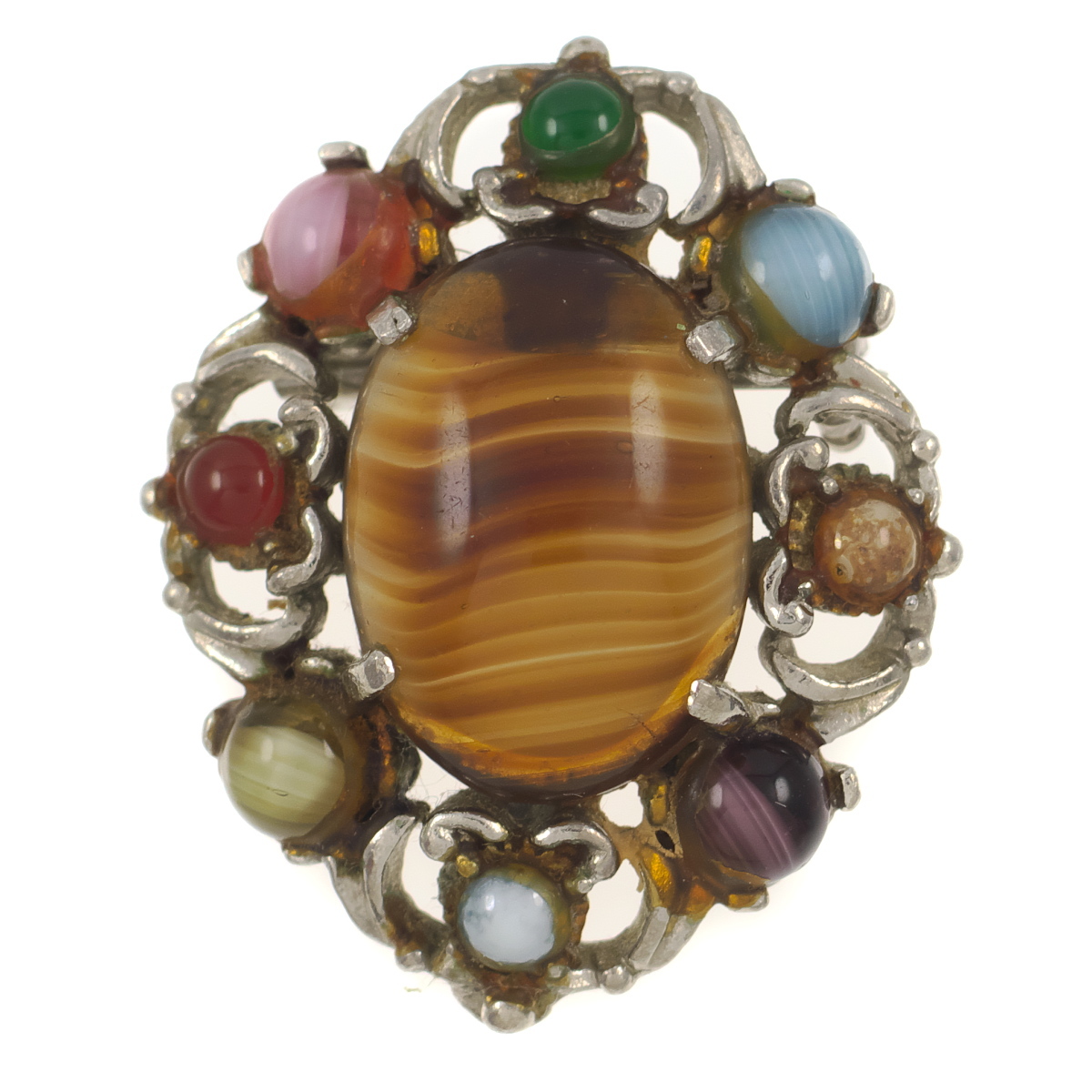 UK4339◆ マルチカラー マーブルストーン カボション フラワー 色石 英国 イギリス ◆ ヴィンテージブローチ ◆_画像1