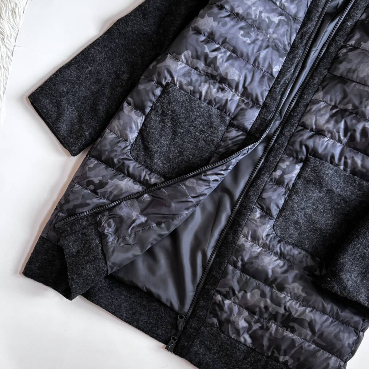 ⑥ 横浜元町 ゼラール Zelal 迷彩 異素材 コンビ フーディー ダウンコート 大きいサイズ 13_画像4