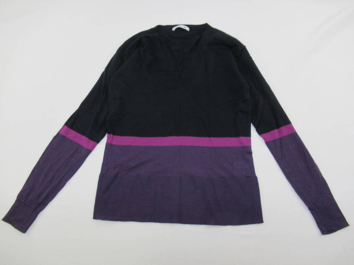 【送900円】3277　LACOSTE　ラコステ　Vネックセーター　薄手　ウールニット　ネイビー×パープル　毛100％　ボーダー　34_画像2
