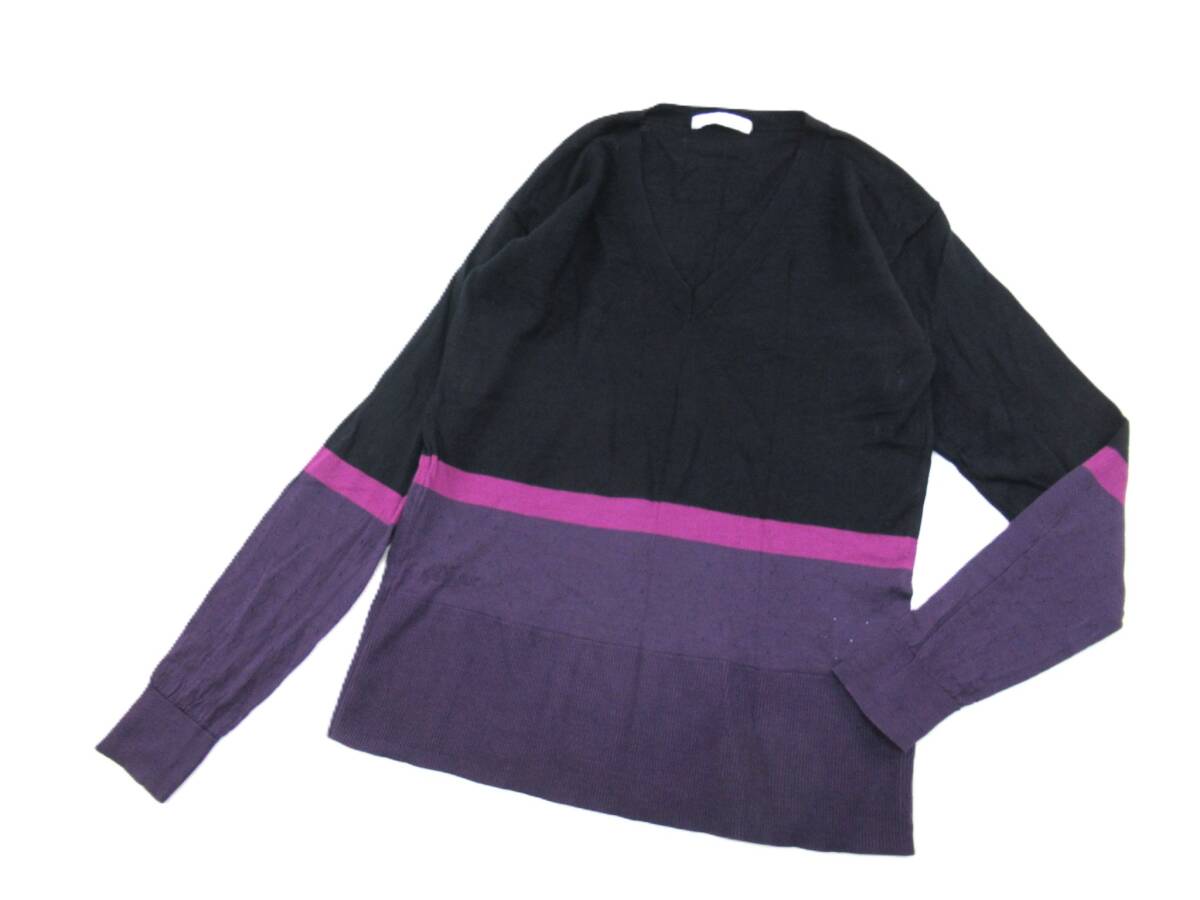 【送900円】3277　LACOSTE　ラコステ　Vネックセーター　薄手　ウールニット　ネイビー×パープル　毛100％　ボーダー　34_画像1