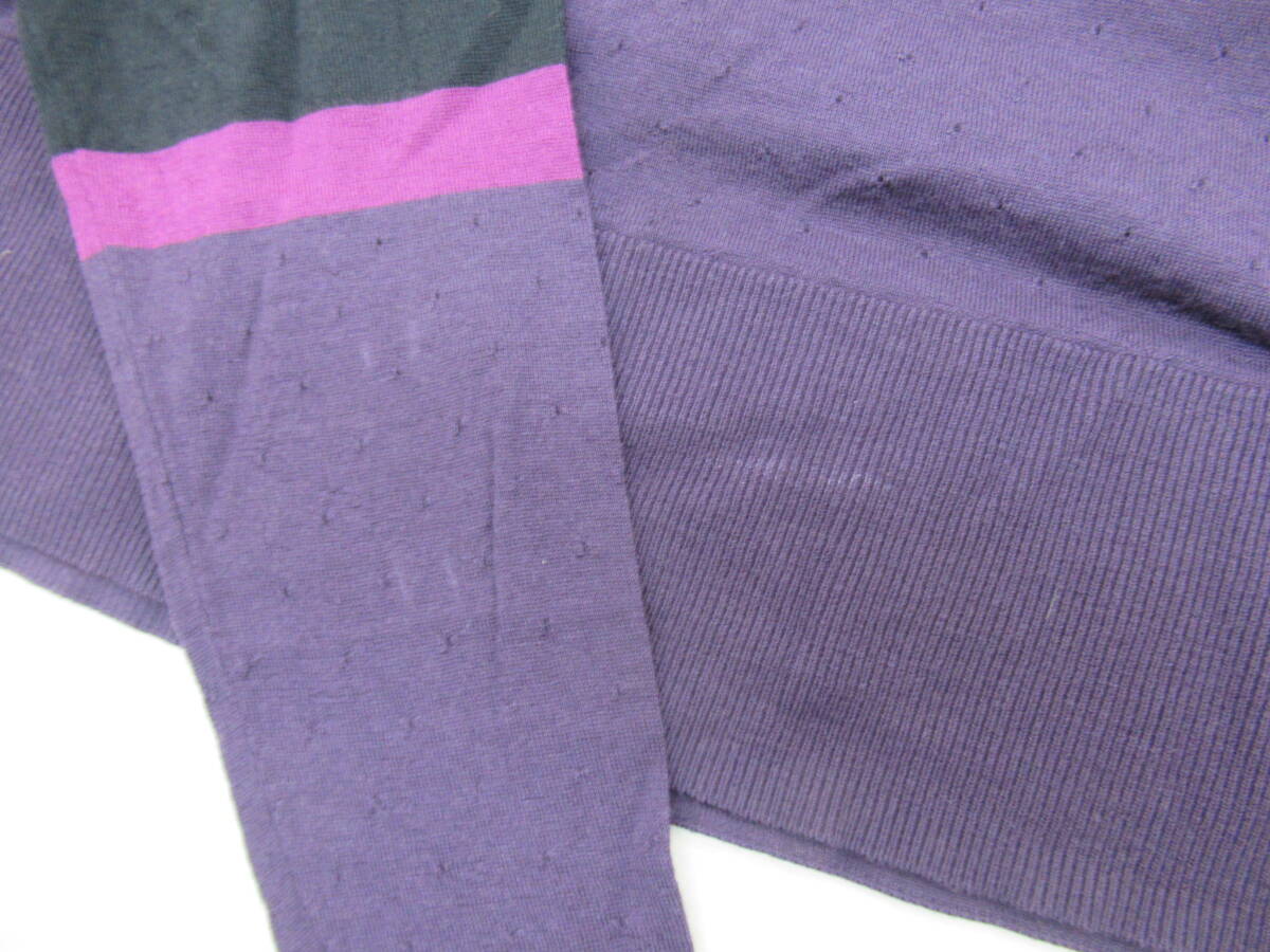 【送900円】3277　LACOSTE　ラコステ　Vネックセーター　薄手　ウールニット　ネイビー×パープル　毛100％　ボーダー　34_画像10