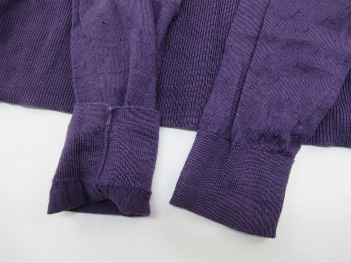 【送900円】3277　LACOSTE　ラコステ　Vネックセーター　薄手　ウールニット　ネイビー×パープル　毛100％　ボーダー　34_画像4