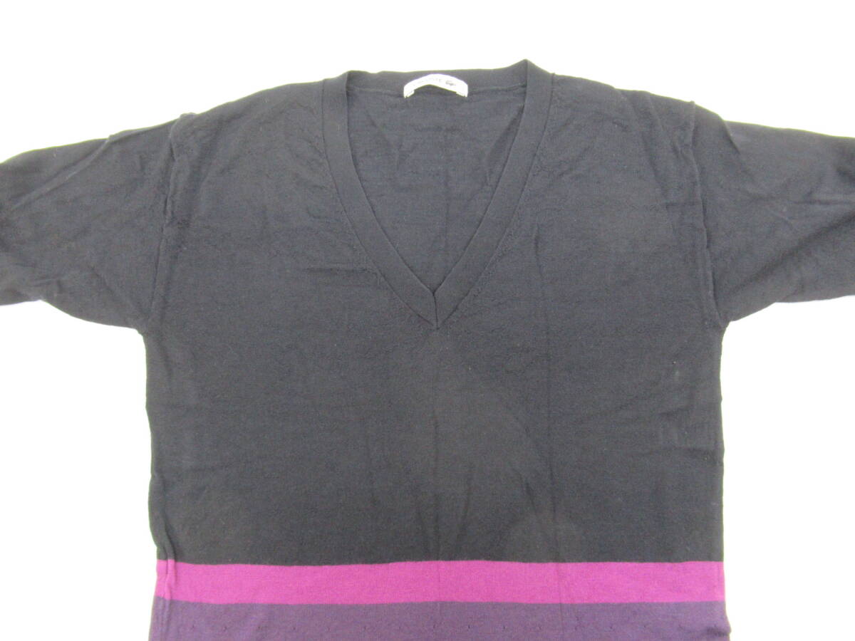 【送900円】3277　LACOSTE　ラコステ　Vネックセーター　薄手　ウールニット　ネイビー×パープル　毛100％　ボーダー　34_画像3