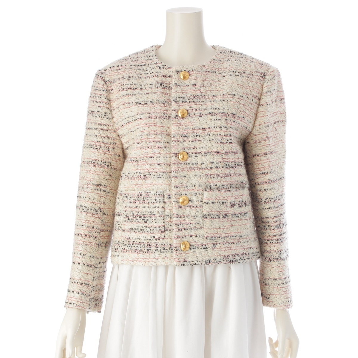 セリーヌ 22-23AW ウール モヘア ツイード クロップド 金ボタン ノーカラージャケット 2V83I389T マルチカラー 36【中古】_画像1