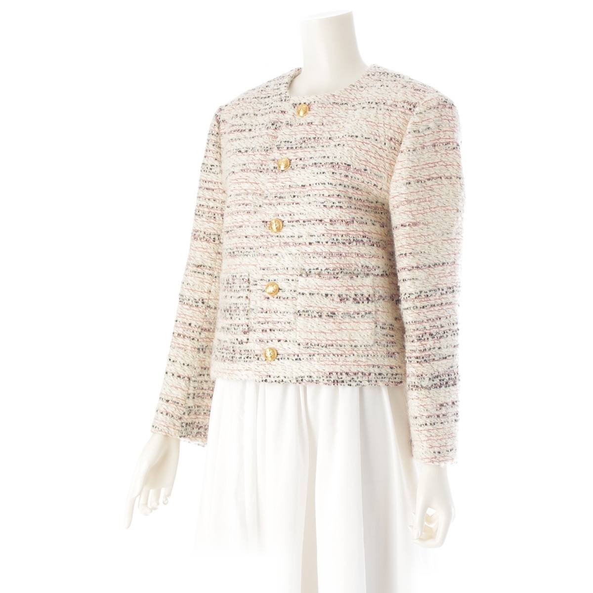 セリーヌ 22-23AW ウール モヘア ツイード クロップド 金ボタン ノーカラージャケット 2V83I389T マルチカラー 36【中古】_画像2