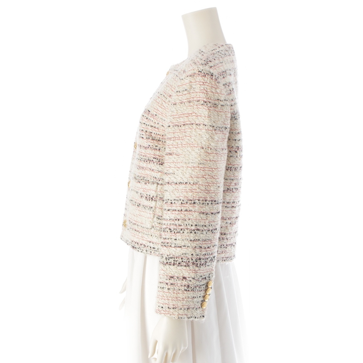 セリーヌ 22-23AW ウール モヘア ツイード クロップド 金ボタン ノーカラージャケット 2V83I389T マルチカラー 36【中古】_画像3