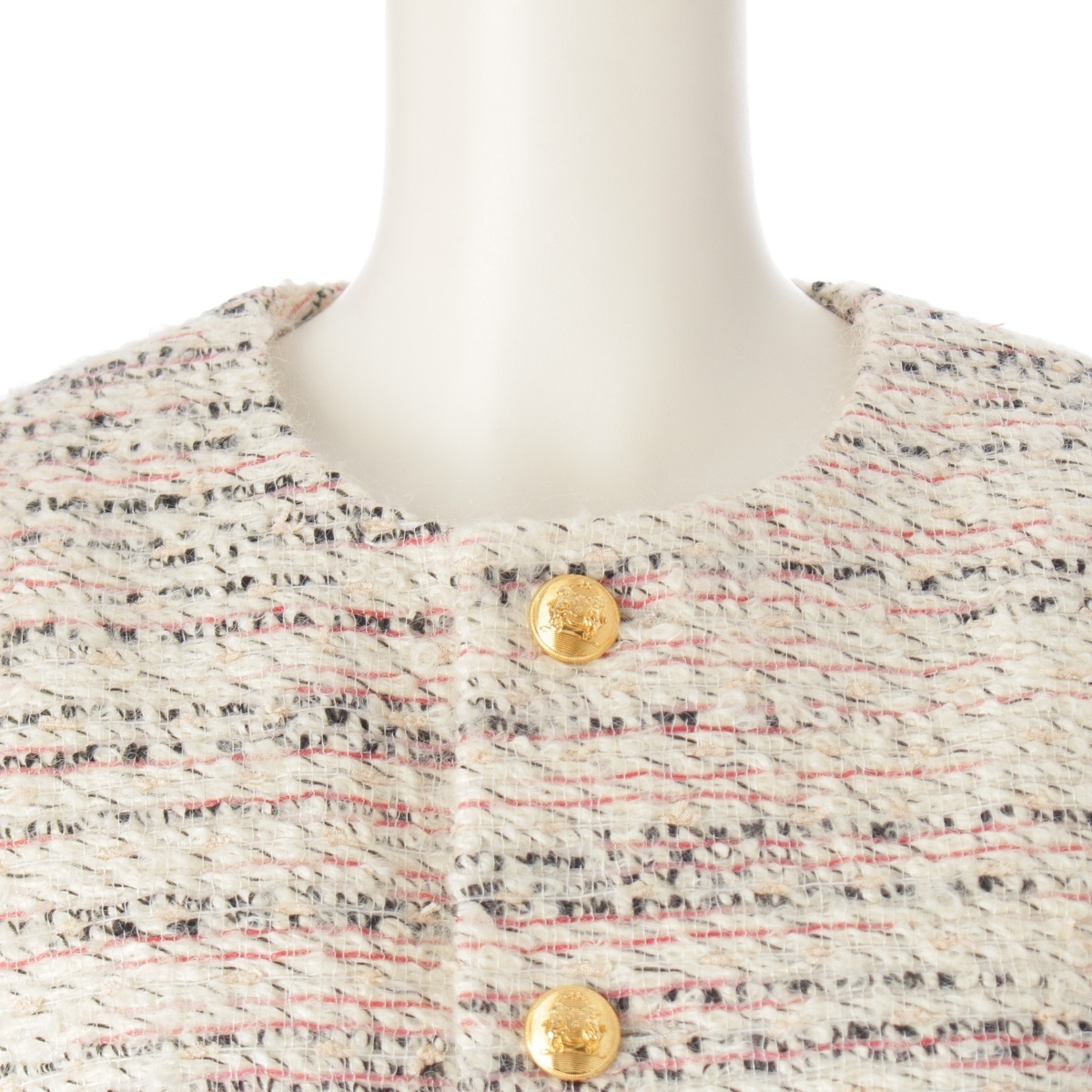 セリーヌ 22-23AW ウール モヘア ツイード クロップド 金ボタン ノーカラージャケット 2V83I389T マルチカラー 36【中古】_画像5