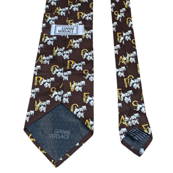 【1円スタート】VERSACE ヴェルサーチ ネクタイ ハイブランド ブランド イタリア製 ブラウン 総柄 犬 メデューサ ビジネス スーツ _画像4