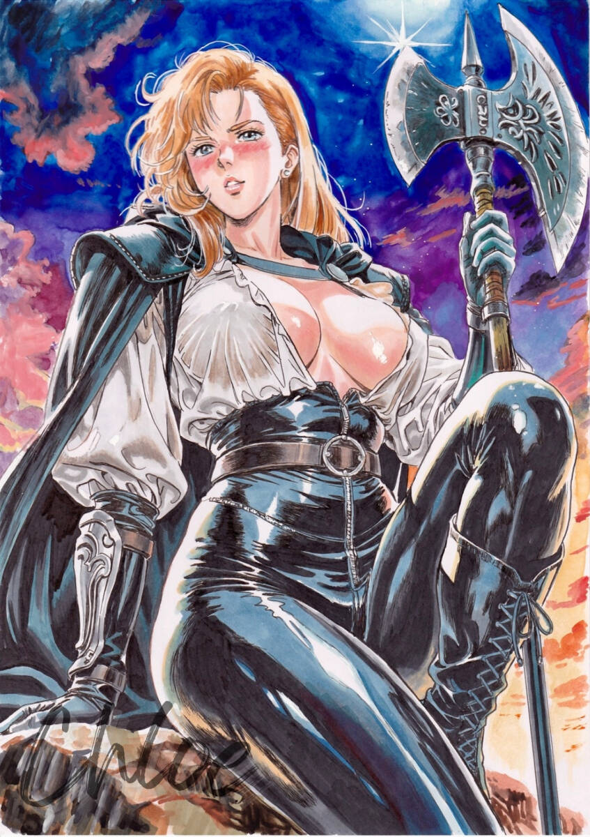 A4 ручные иллюстрации золотой . женщина женщина воитель sexy костюм топор кожа глянец чувство фэнтези способ 